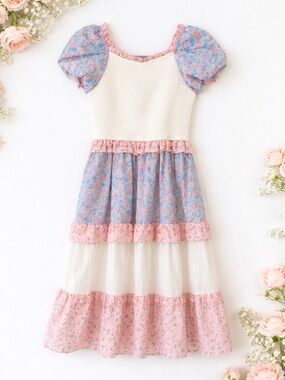 Ivy City Co Girls 13/14 Floral Smocked Puff Sleeve Cottagecore Midi Dress Pink